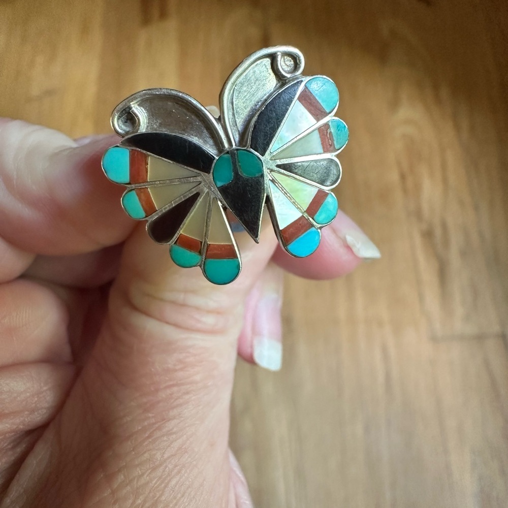 Vintage Zuni Native American multi stone  Butterfly Ring